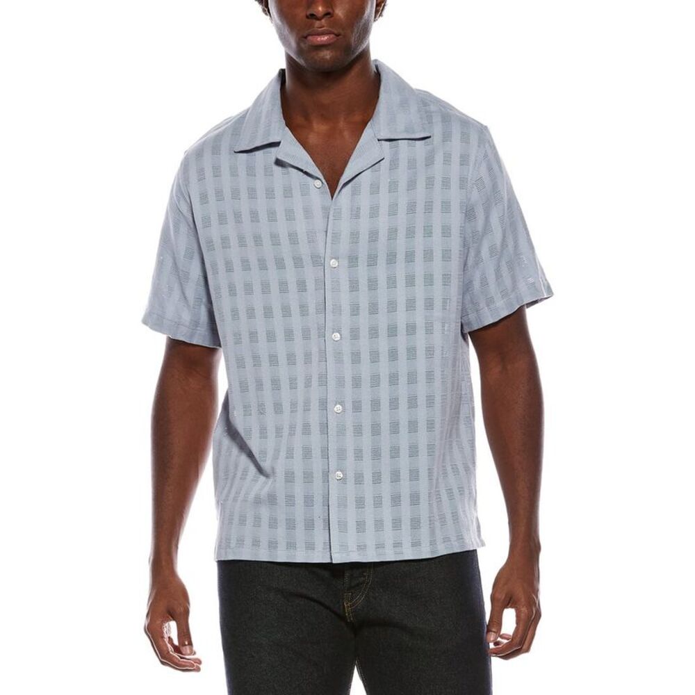 Slate & Stone Mens  Textured Check Camp Collar Shirt, Blue